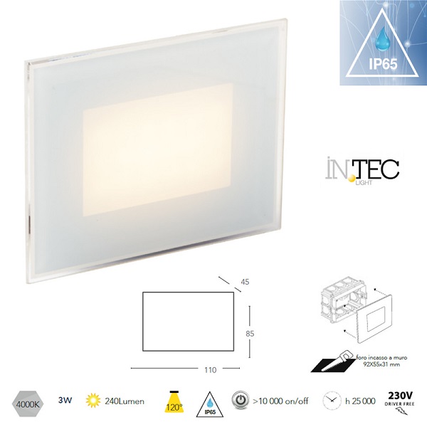 Segnapasso LED 3w In Vetro per Scatola 503 IP65 Luce Natura 100 Lumen